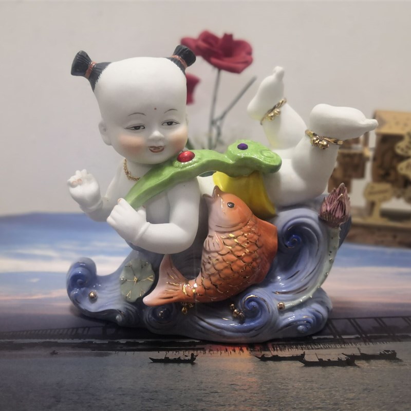 创意手工陶瓷人物早生贵子宝宝年年有鱼婚庆礼品客厅童子家居摆件