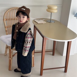 暮晨家新款冬装2024男童羊羔毛牛仔马甲儿童加绒加厚直筒裤两件套