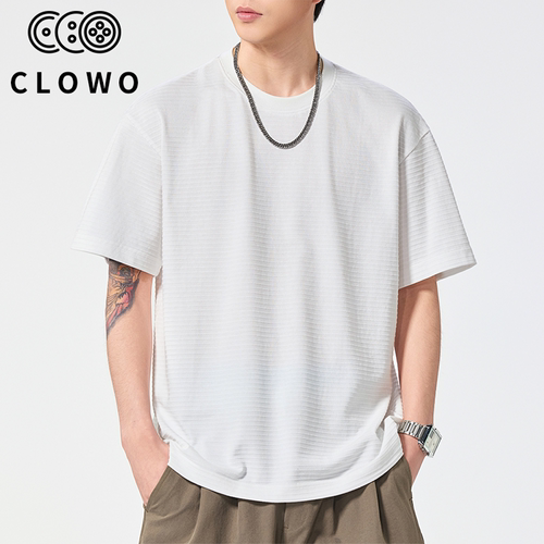 CLOWO纯棉圆领透气宽松短袖T恤男