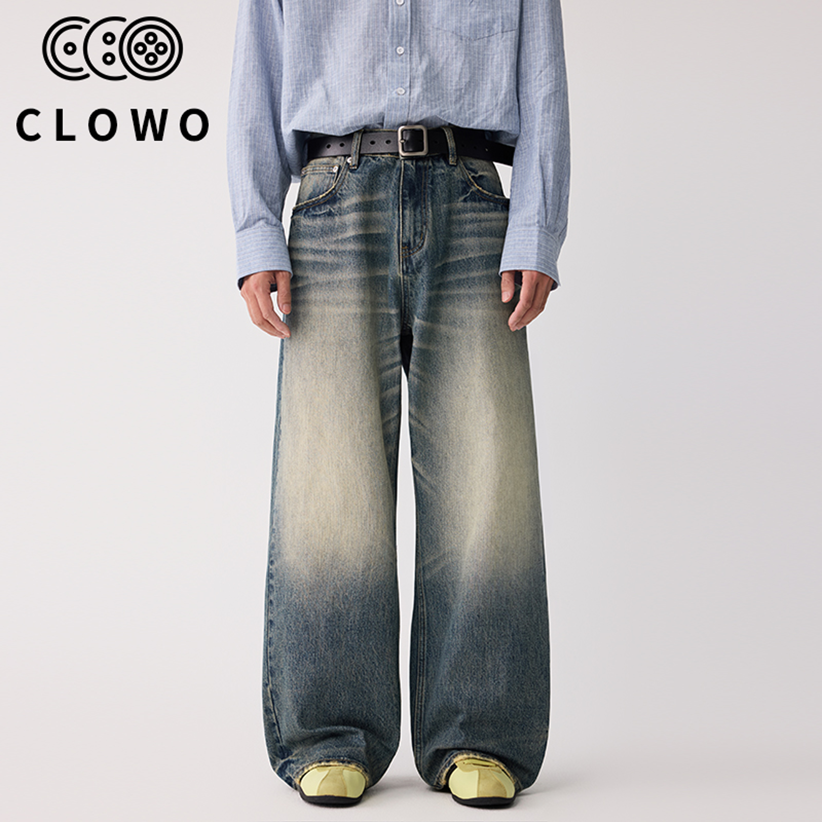 CLOWO·CH134复古猫须水洗牛仔裤大师设计蓝牛宽松阔腿重磅男长裤