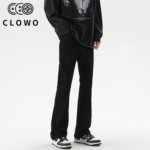 CLOWO高街黑色修身微喇牛仔裤