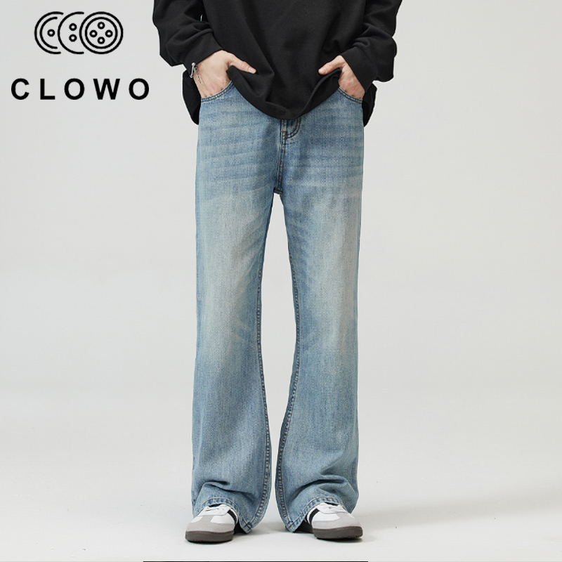 CLOWO·CY216美式高街水洗浅蓝色微喇牛仔裤男潮牌感显瘦拖地长裤
