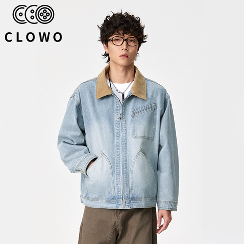 CLOWO拼接宽松翻领复古牛仔夹克