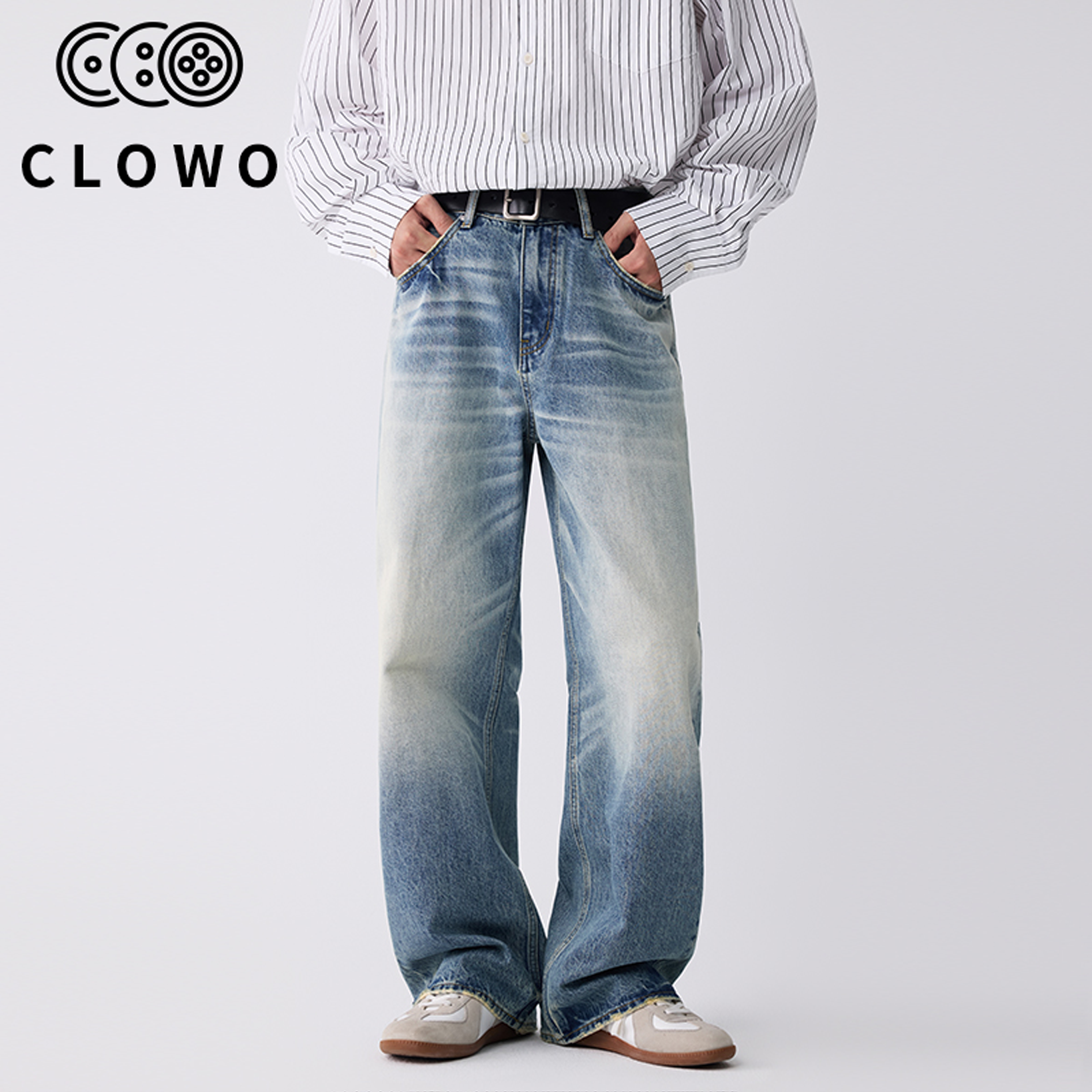 CLOWO·CH133美式复古阔腿牛仔裤大师设计蓝牛直筒猫须百搭男长裤