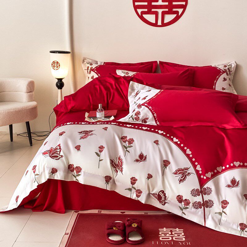 简约结婚四d件套高级感婚庆红色刺绣被套陪嫁婚房喜庆床上用品,床上用品,婚庆床品套件,淘宝优惠券,粉丝福利购,淘宝优惠卷