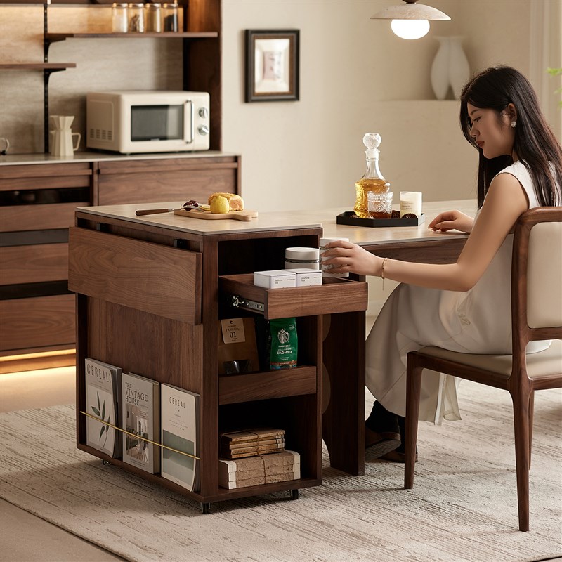 北美黑胡桃木可移动洞石岩板岛台柜E单独窄餐桌边柜一体储物茶水
