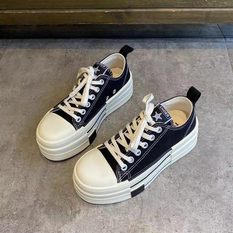 厚底帆布鞋女新款低帮增高松糕黑色百搭I圆头系带平底布鞋休闲板,女鞋,帆布鞋,淘宝优惠券,粉丝福利购,淘宝优惠卷