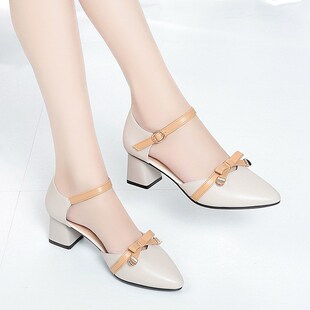 红青蜓一字扣中空单鞋女秋秋中跟软皮尖头伴娘皮鞋浅Y口粗跟百搭