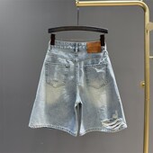 浅蓝色破洞乞丐牛仔五分裤 宽松直筒a字阔腿裤 女欧货202G5夏季 新款