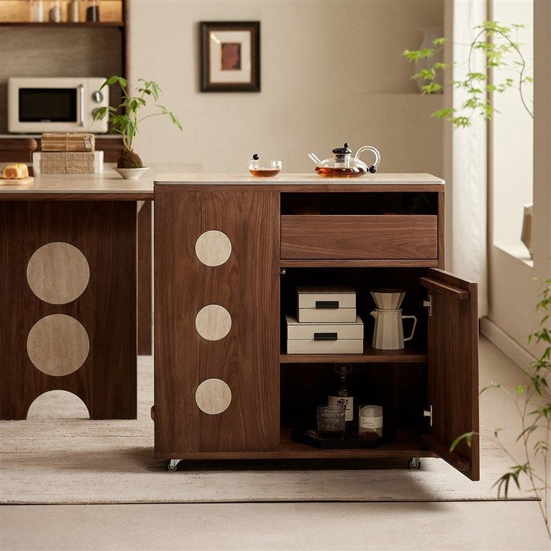 北美黑胡桃木可移动洞石岩板岛台柜单独窄餐桌Q边柜一体储物茶水,住宅家具,岛台,淘宝优惠券,粉丝福利购,淘宝优惠卷