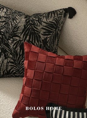 柏洛斯Colorful轻奢红色绒布样板房客厅沙发高级感背靠腰枕抱枕