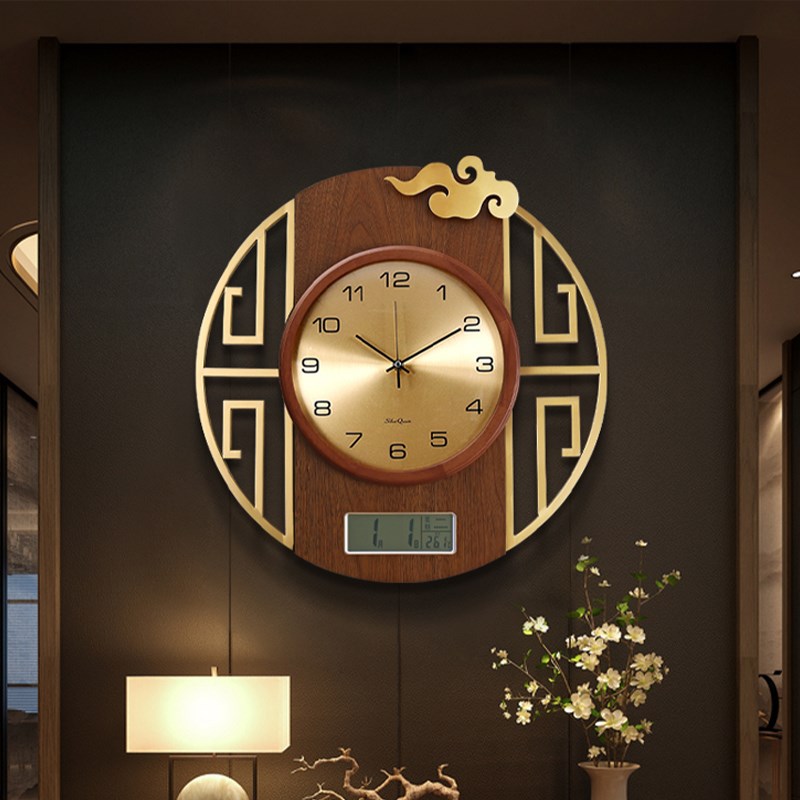 2024新款新中式挂表万年历客厅挂钟轻奢创意实木钟表纯铜时钟挂墙