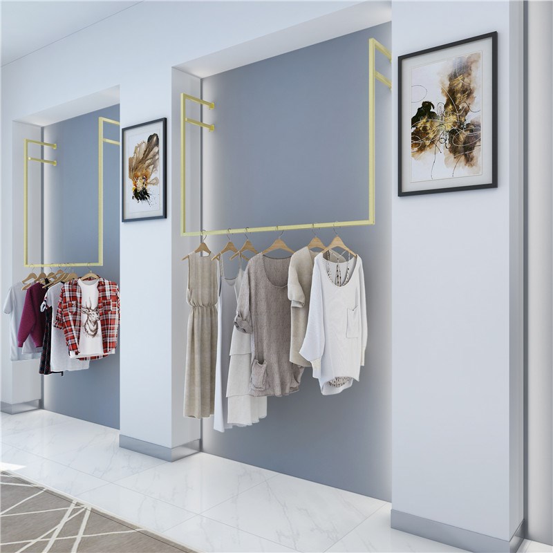 服装店展示架上墙挂婚纱吊杆男女装壁挂式衣服悬挂架铁艺金色简易