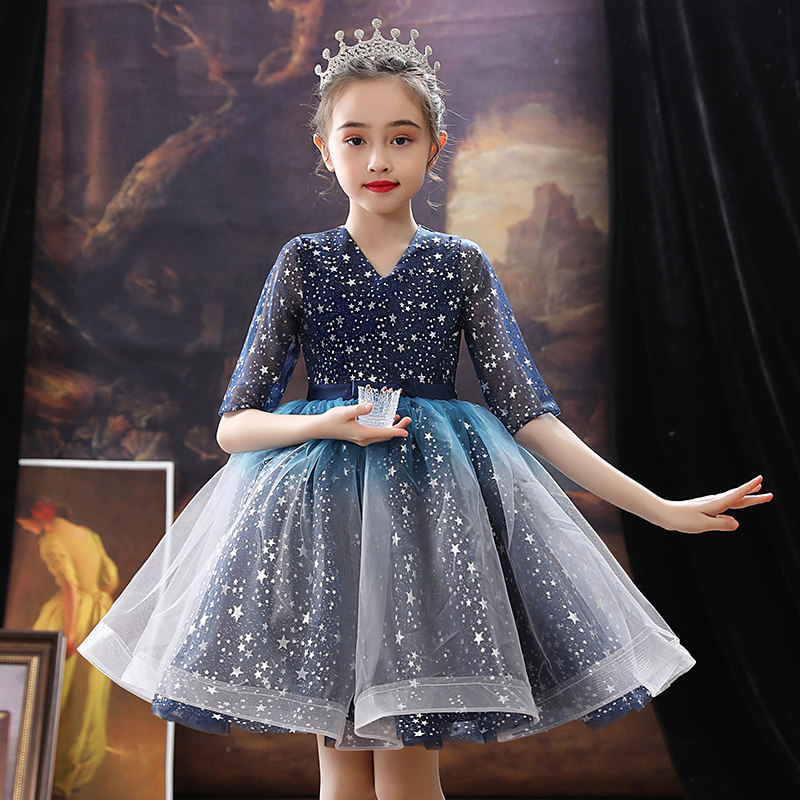 儿童礼服公主裙女童生日蓝色小女孩花童婚礼主持人钢琴演出服秋冬