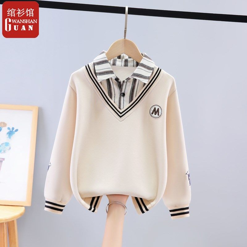 男童2024新款秋冬加绒带领假两件卫衣长袖t恤男孩儿童秋装大童男