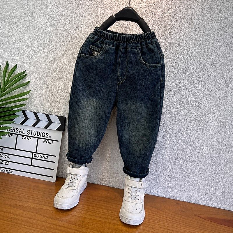 儿童加绒裤子秋冬男童一体绒牛仔裤弹力百搭宝宝冬装加厚直筒童裤