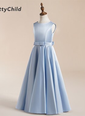 女童小提琴演出中大童乐团钢琴比赛天蓝色缎面高端晚礼服长款春秋