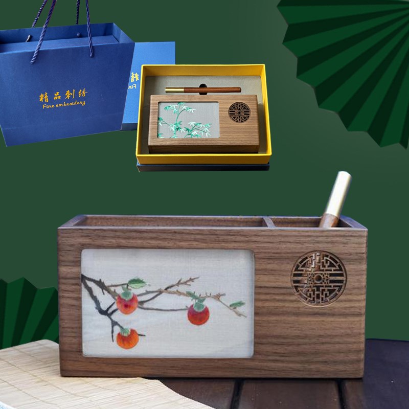 苏绣摆件高档笔筒文创国潮商务伴手礼礼品中国特色礼物送老外蜀绣
