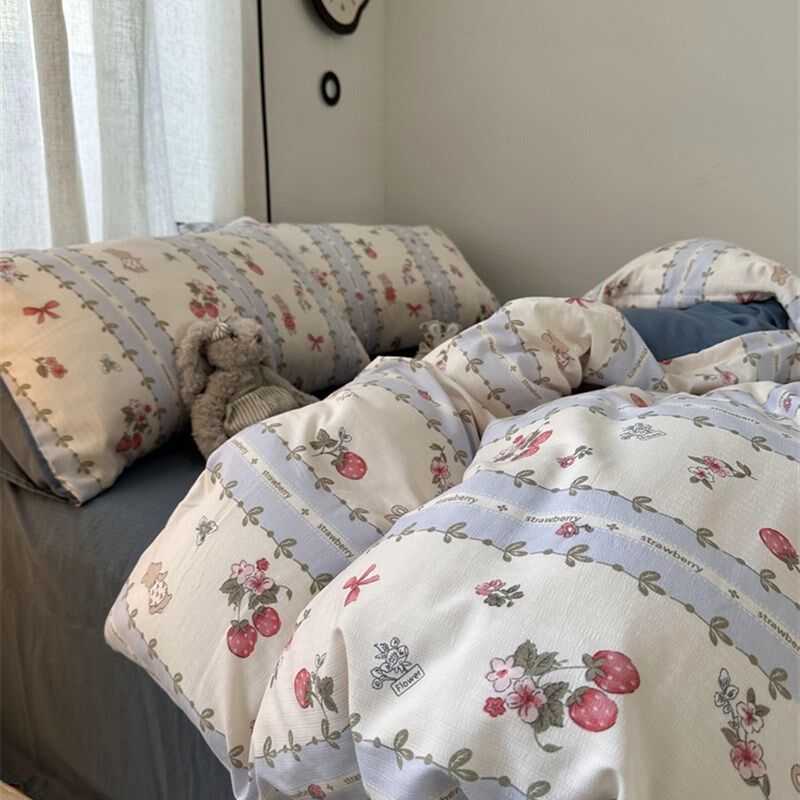 无绵 法式少女心碎花小草莓针织水洗棉牀上四件套牀单学生三件套