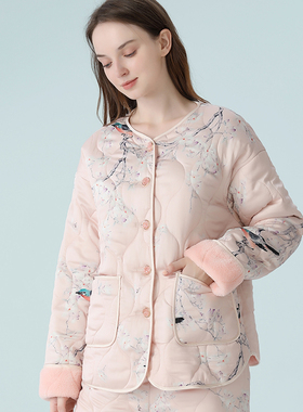 IIZZINI 2021睡衣女冬长袖夹棉加厚加绒国风画眉鸟奢华家居服套装