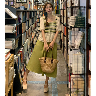 大码女装2023夏胖mm显瘦遮肚套装复古镂空方领露锁骨上衣+半身裙