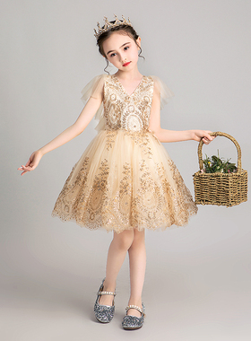 儿童晚礼服公主裙女童生日金色女孩花童舞台钢琴演出服洋气高端夏