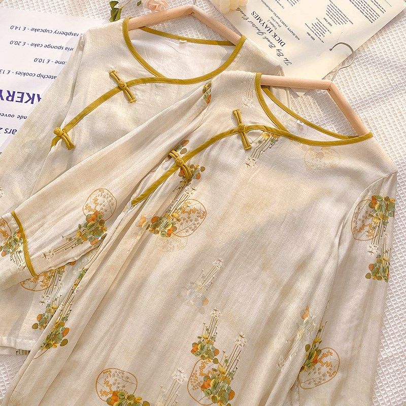 中国风睡裙女高档棉绸纯棉家居服春秋季旗袍睡衣长裙女人味可外穿