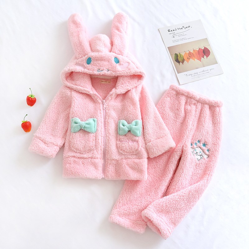 秋冬儿童加厚珊瑚绒睡衣套女童可爱卡通兔子连帽拉链法兰绒家居服