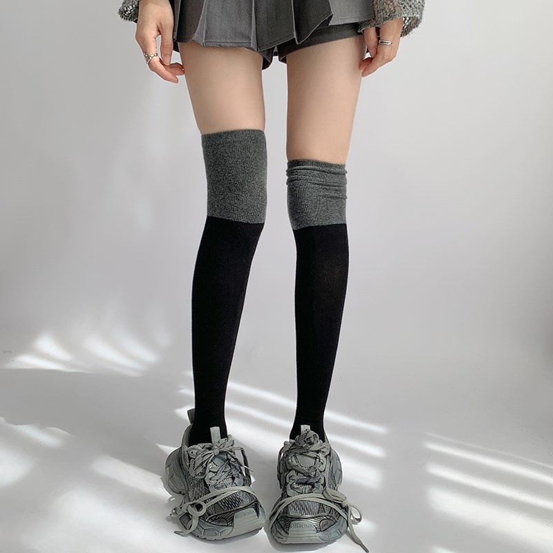夜间教习室长筒袜子女秋款加长压力jk袜黑灰拼接过膝袜拼色小腿袜