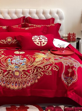 新中式18e0支长绒棉结婚四件套红色龙凤被套床单婚庆床上用品4