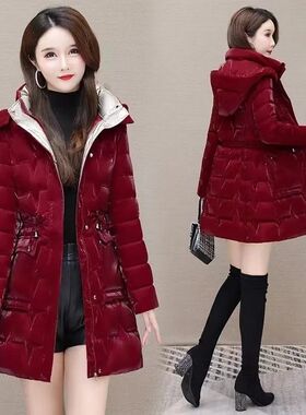 女士棉衣棉d服亮面免洗宽松时尚珠光炫彩小个子中长款加厚保暖棉
