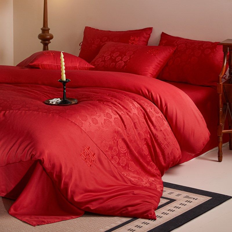 提花结婚四件套红色系t被套床单新婚陪嫁喜被婚庆床上用品,床上用品,婚庆床品套件,淘宝优惠券,粉丝福利购,淘宝优惠卷