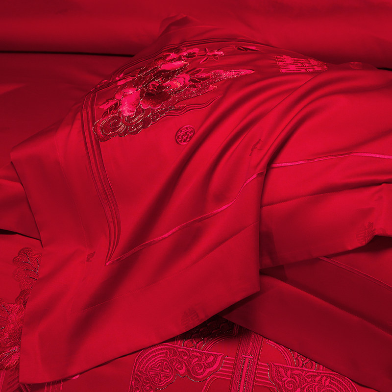 绣花植物花卉全棉m结婚四件套大红色被套婚庆陪嫁奢华床上用品,床上用品,婚庆床品套件,淘宝优惠券,粉丝福利购,淘宝优惠卷