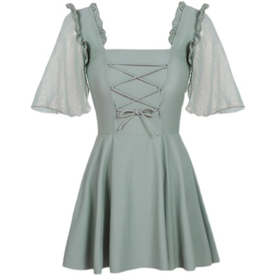 树熊少女 新款显瘦大童方领w连体裙式温泉学生保守度假游泳衣平角