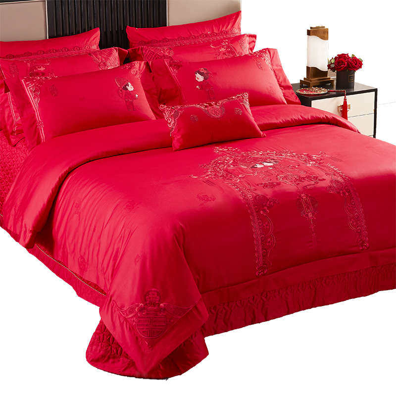 100支全棉结婚四件套新婚大红色D刺绣床上用品婚庆六多件套喜被子,床上用品,婚庆床品套件,淘宝优惠券,粉丝福利购,淘宝优惠卷
