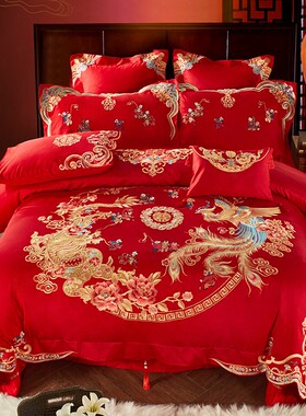 100支全棉婚庆四件套龙凤百子图结D婚喜J被子大红色床品六十多件