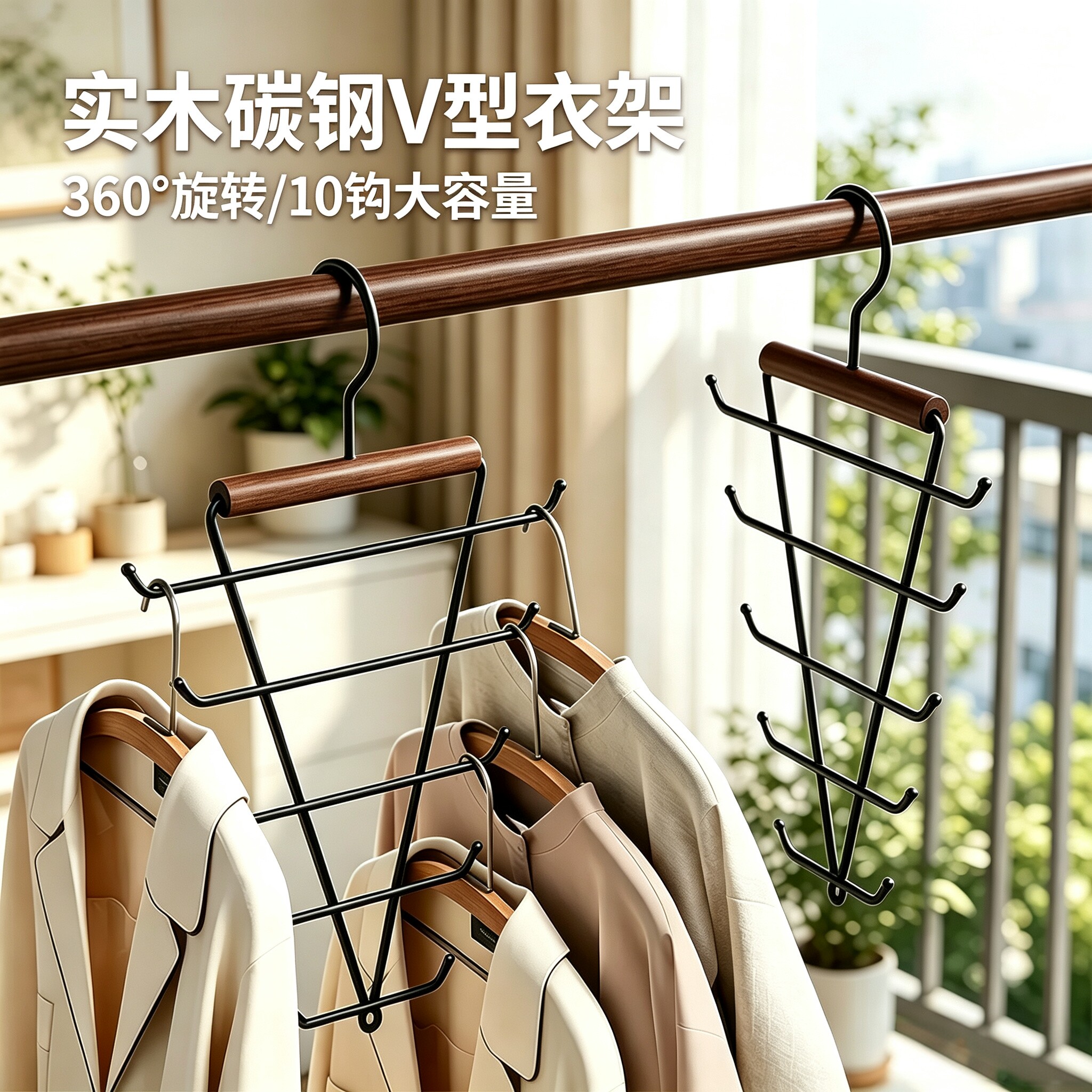 实木铁艺V型双边衣架家用宿舍衣柜多功能收纳一钩多挂金属衣帽架
