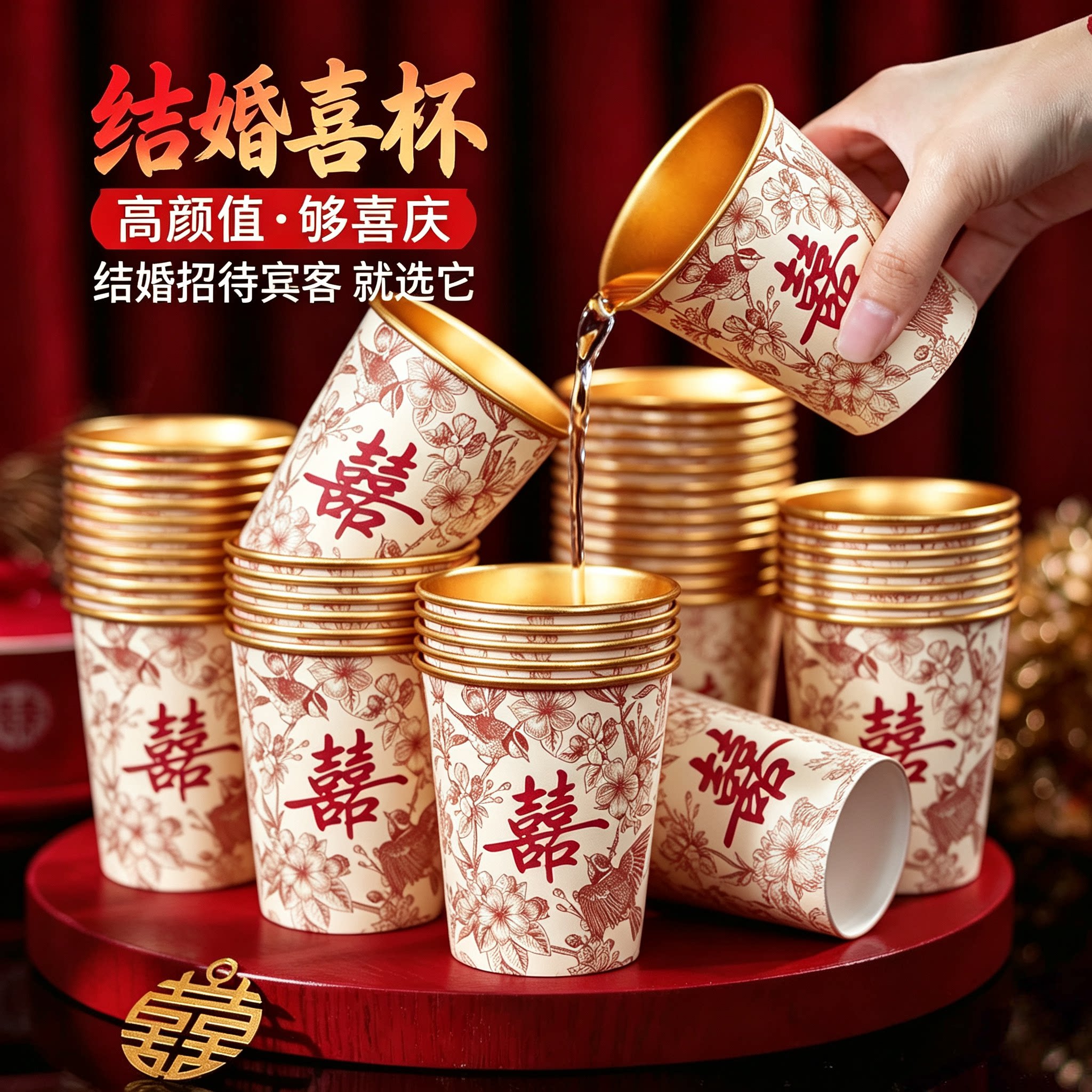 一次性金箔纸杯高档结婚敬茶喜杯