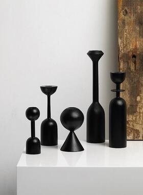 Homeside实木烛台北欧极简几何黑色烛托榉木异形蜡烛艺术摆件套组