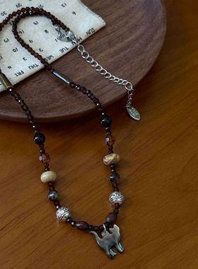 Anti Form小众设计黑蝶贝猫猫守护神天然石琉璃串珠项链送礼物