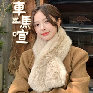 韩版 真兔毛编织围巾女秋冬双面加厚保暖围脖高级感百搭皮草毛领子