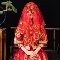 紅蓋頭中式秀禾結(jié)婚頭紗出嫁蒙帕喜頭半高檔紅色2023透明蕾絲新娘