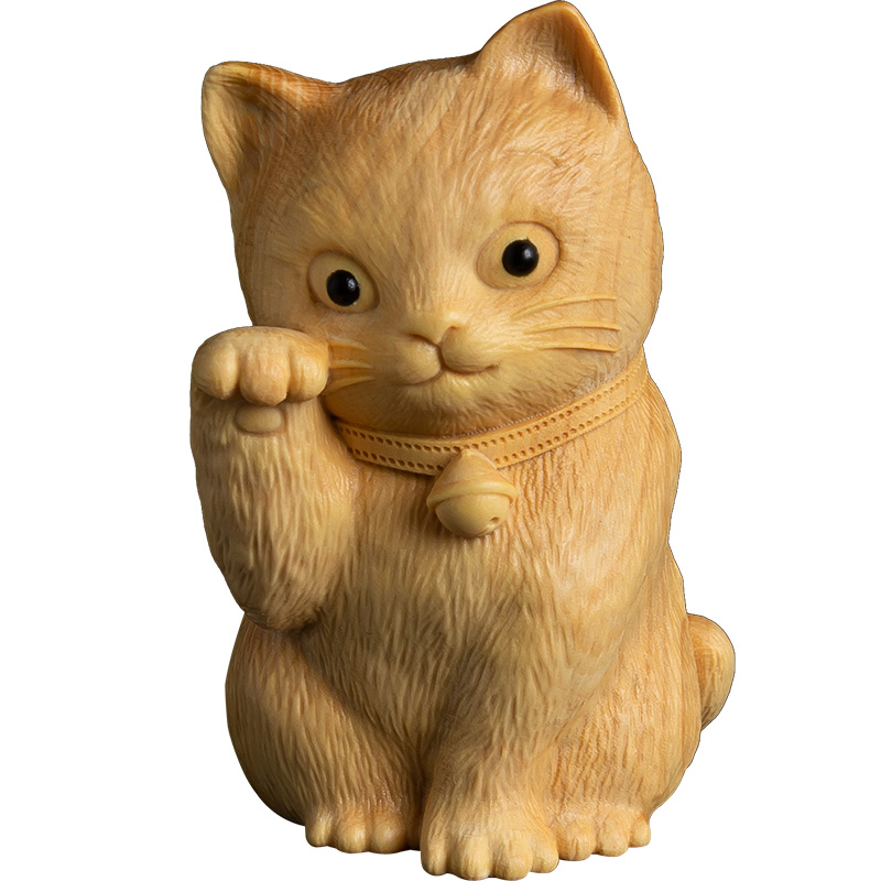 黄杨木雕文玩手把件实木挂件中式客厅工艺礼品摆饰招财猫小摆件开