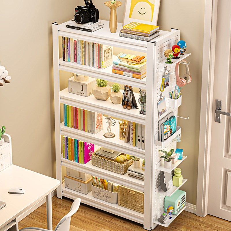 钢制书架家用带洞洞板儿童落地置物架一体靠墙简易书柜铁艺收纳架