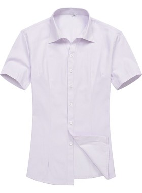 短袖衬衫女士白底浅紫色细条纹修身OL女装大码职业工装衬衣工作服