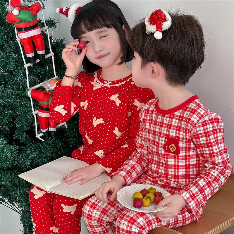 宝宝秋衣秋裤套装纯棉本命年红色儿童睡衣家居服男童女孩保暖内衣