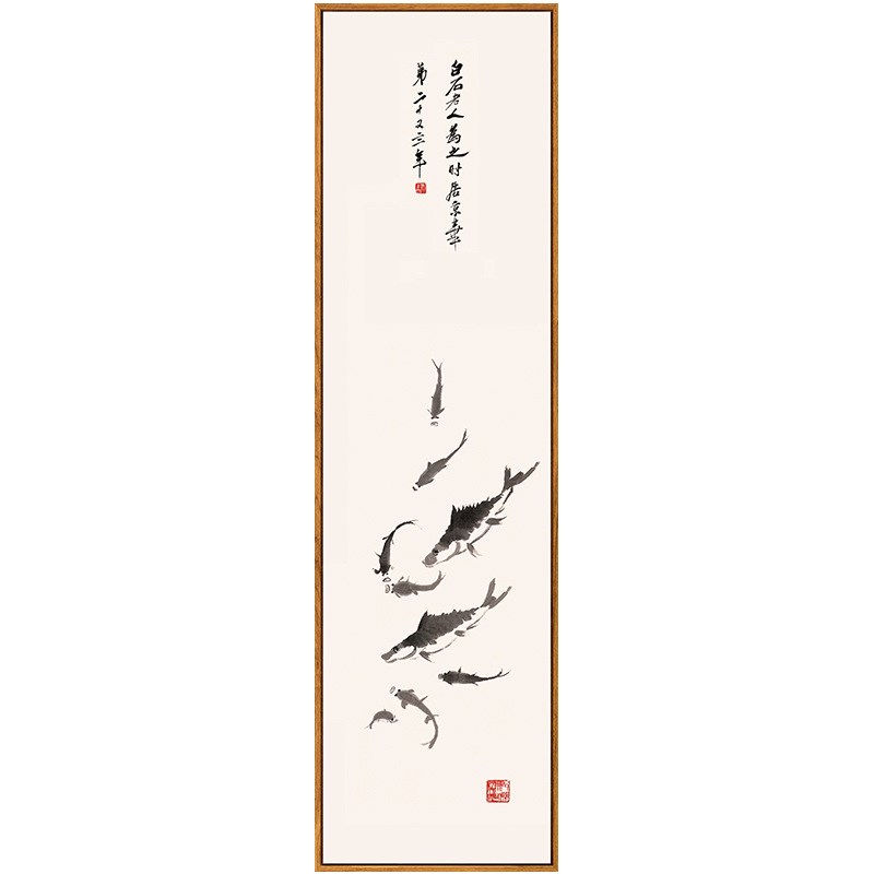 新中式禅意酒店玄关装饰画别墅茶楼壁画走廊挂画竖版九鱼图图片