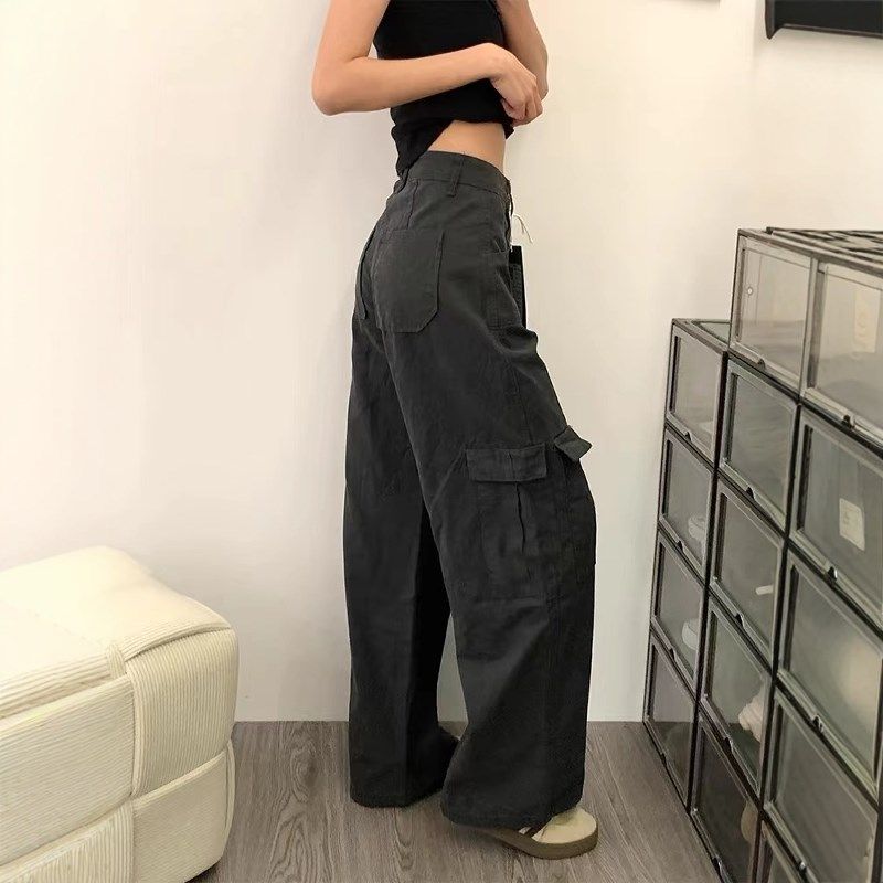 水泥灰阔腿牛仔工装裤女秋季新款高腰宽松显瘦百搭多口袋直筒裤子