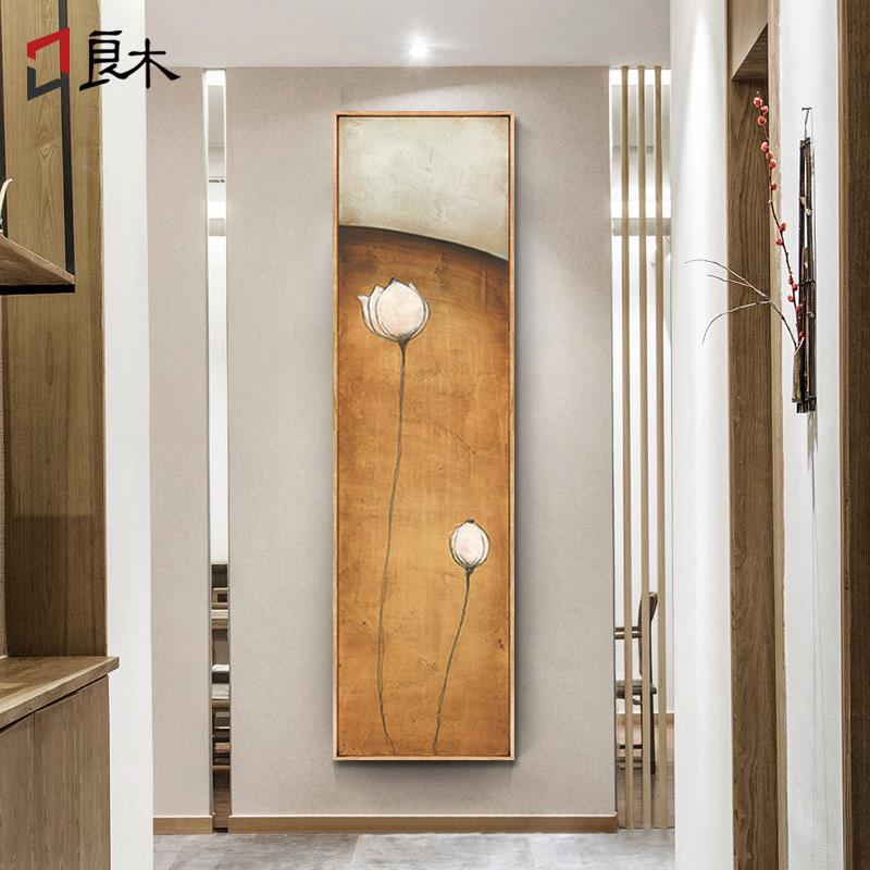 心灯日式原木风玄关装饰画新中式禅意别墅壁画走廊挂画竖版荷花图片