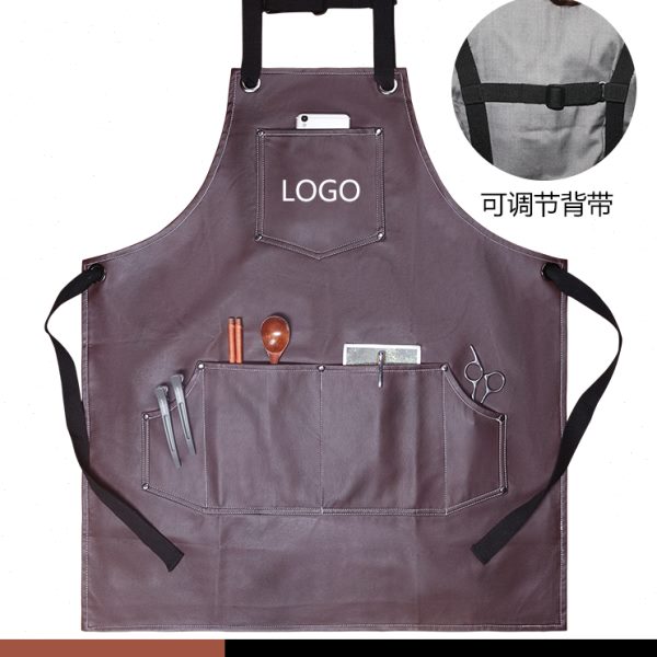 时尚新款防水软皮革pu围裙定制印字女厨房餐饮防油男士美发工作服
